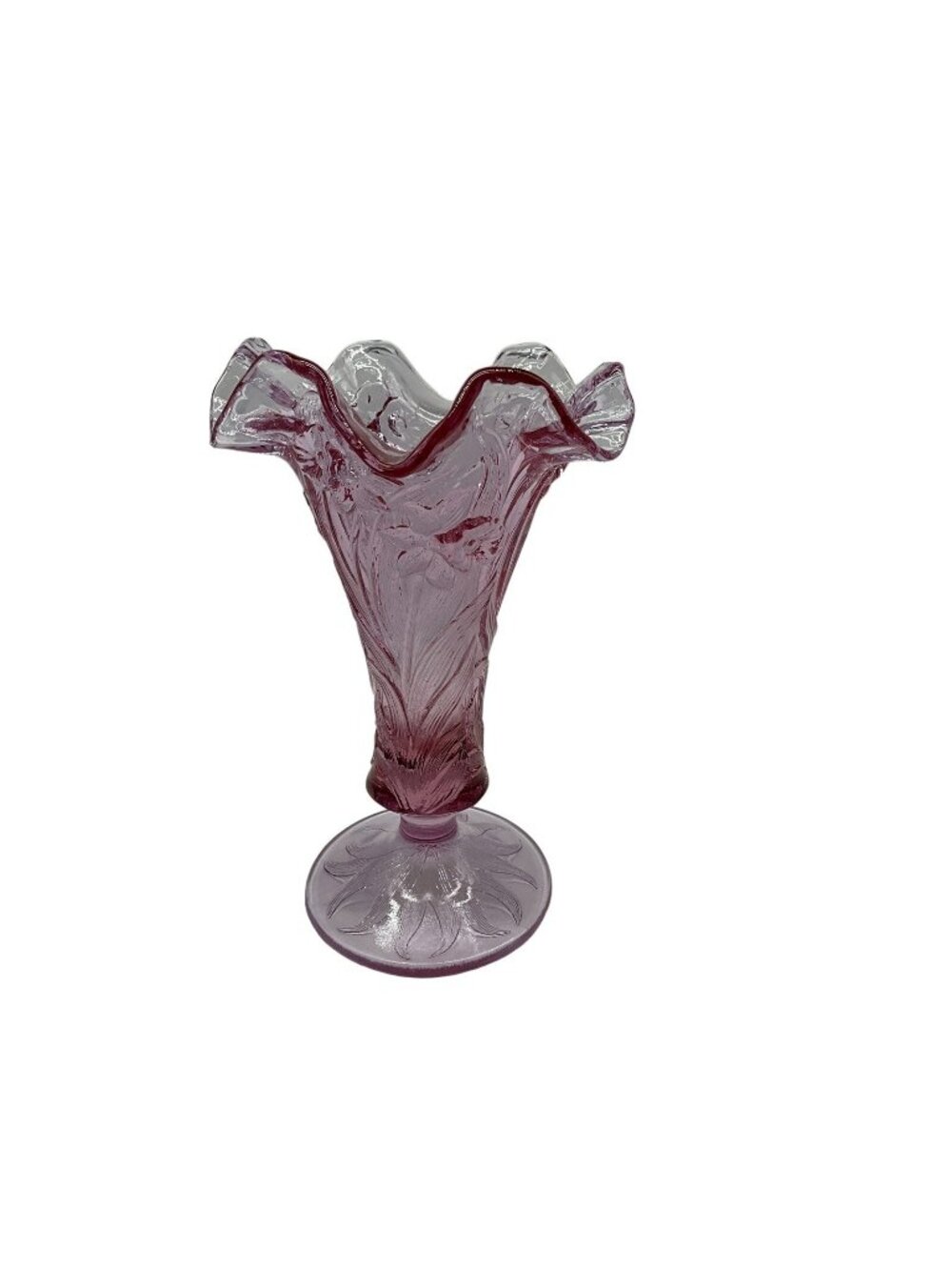 FENTON Vtg Daffidil Floral Vase w/ Ruffled Edge & Footed Rose Pink Unique Color
